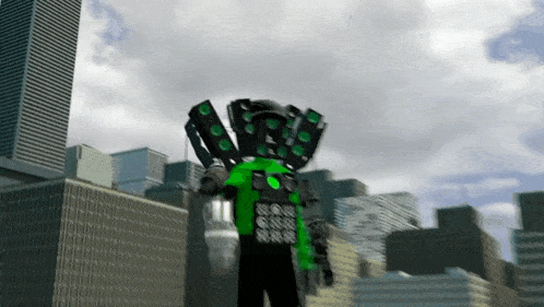 a person in a green robot costume stands in front of a city skyline