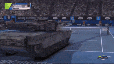 a tank is on a tennis court during a game between djokovic and abrams