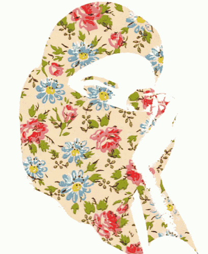 a silhouette of a woman wearing a floral head scarf