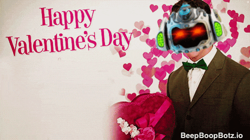 a happy valentine 's day greeting card with a man in a suit and bow tie