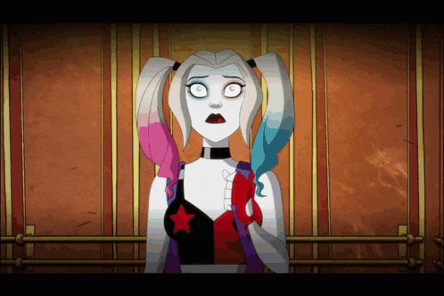 a cartoon of harley quinn looking surprised