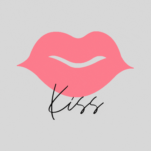 a pink lip with the word kiss written on it