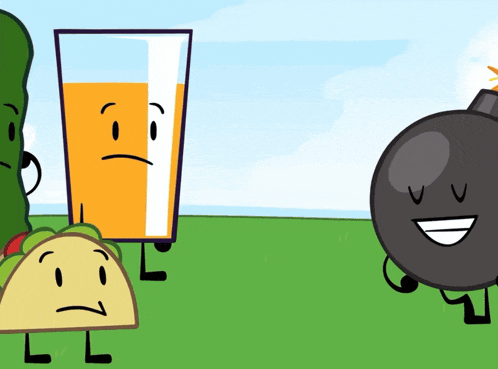 a cartoon of a taco a glass of orange juice and a bomb with faces