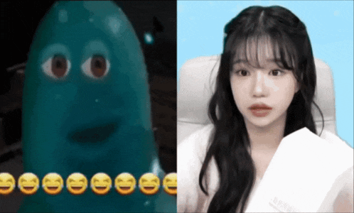 a girl sitting in a chair next to a picture of a condom with smiley faces on it