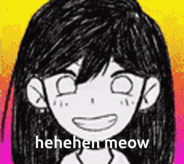 a black and white drawing of a girl with long hair smiling and laughing with the words , henehene meow