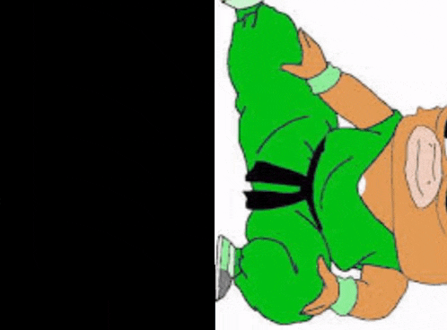 a cartoon of a person in green pants and a brown shirt laying on their back .