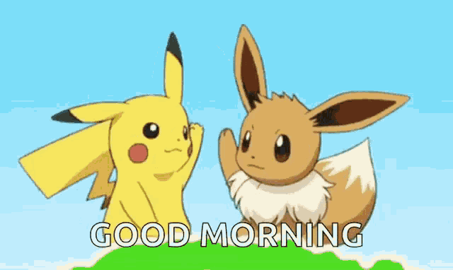 pikachu and eevee are standing next to each other on a hill and saying `` good morning '' .