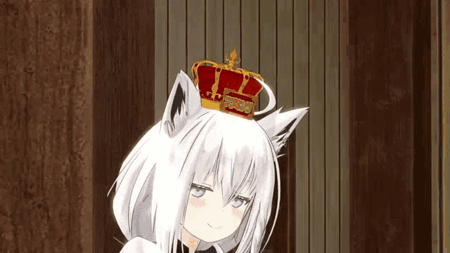 a white anime girl wearing a crown on her head .