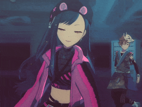 a girl with blue hair is wearing a pink jacket and a black hat