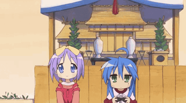 a girl with purple hair and a girl with blue hair are standing in front of a shrine