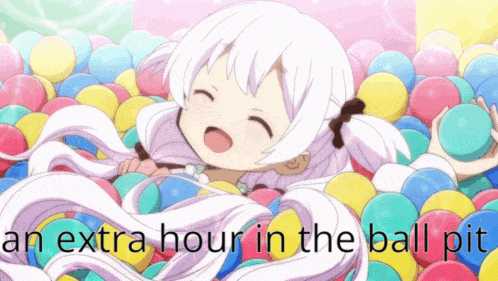a girl is laying in a ball pit with the words an extra hour in the ball pit below her
