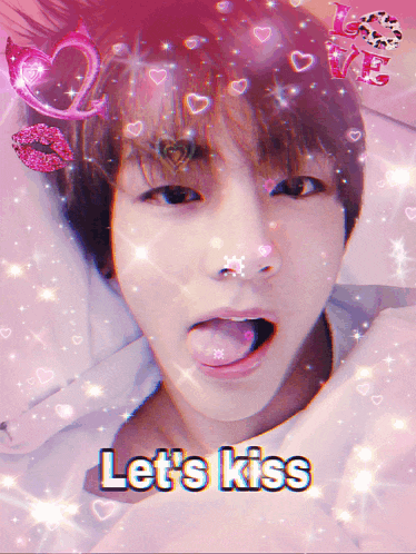 a picture of a boy with his tongue out and the words let 's kiss