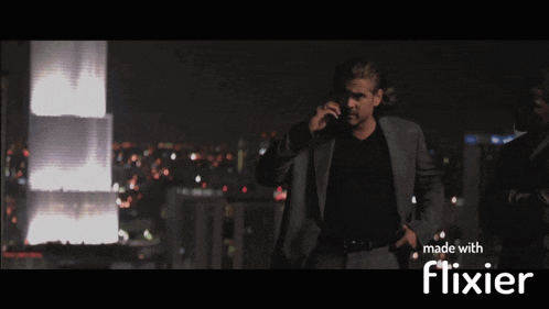 a man talking on a cell phone with the words made with flixier