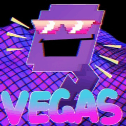 a purple cartoon character wearing sunglasses and the words vegas