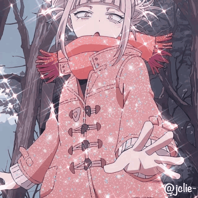 a girl in a pink coat with a scarf around her neck is surrounded by glitter