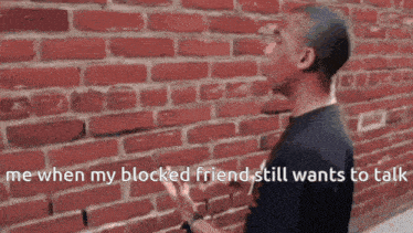 a man is standing in front of a brick wall with the words " me when my blocked friend still wants to talk "