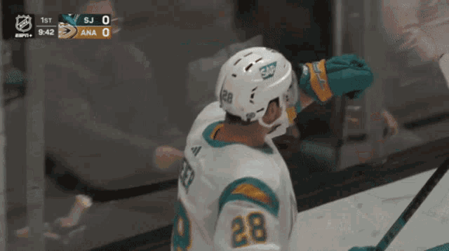 a hockey player wearing a number 28 jersey