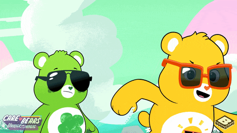 two care bears wearing sunglasses with the words care bears on the bottom right