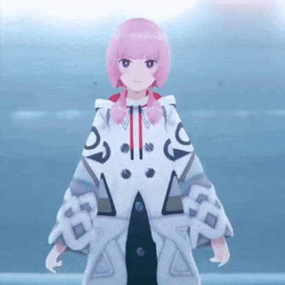 a girl with pink hair is wearing a white coat with the letter g on the front