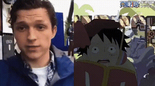 a man in a blue jacket is standing next to a picture of a cartoon character .
