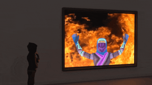 a person in a hoodie looks at a painting of a man in a fire suit