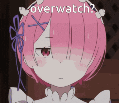 a pink haired anime girl with the words overwatch written above her