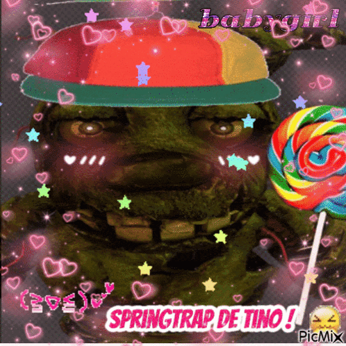 a picture of a monster with a hat and a lollipop with the words babygirl springtrap de tino