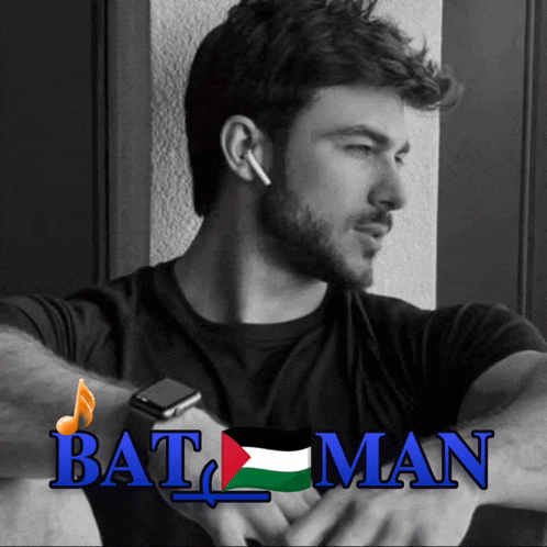 a black and white photo of a man wearing an apple watch with the words bat man on the bottom