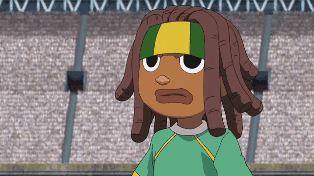 a cartoon character with dreadlocks is wearing a green shirt
