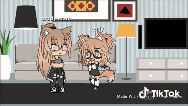 a cartoon of teddy mom and teddy standing next to each other in a living room