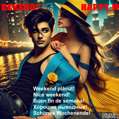 a picture of a man and a woman with the words weekend placut on the bottom