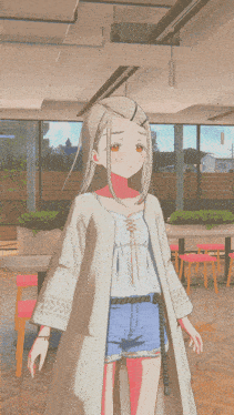 a girl in a white coat and shorts is standing in a room with tables and chairs