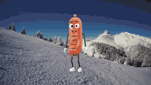 a sausage with arms and legs is standing on a snowy hill