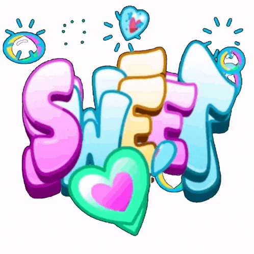 the word sweet is surrounded by hearts and sprinkles on a white background