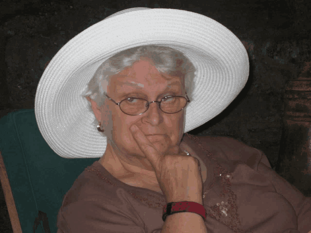 a woman wearing a large white hat and glasses holds her hand to her chin