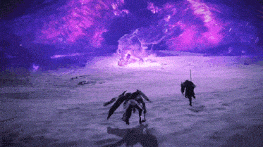a purple background with a few birds flying in the snow