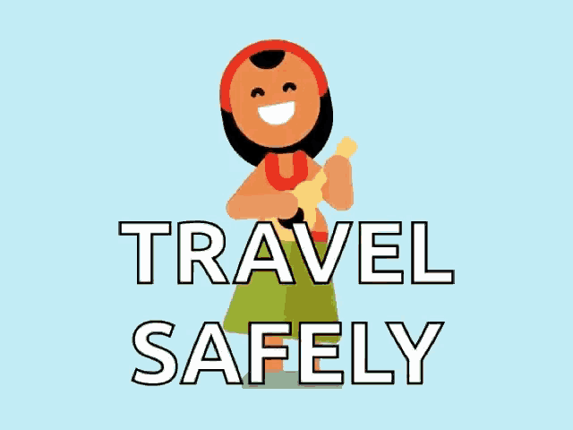a cartoon of a woman holding an ukulele and the words travel safely below her