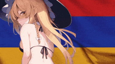a girl in a bikini is standing in front of an eastern european flag