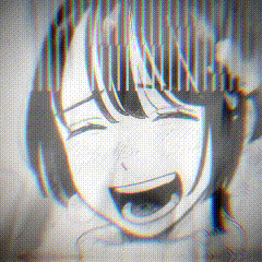 a black and white image of a girl laughing with a glitch effect .