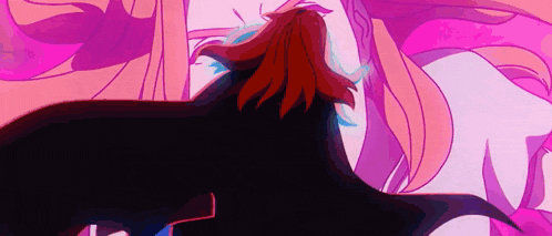 a girl with long red hair is standing in front of a pink background .
