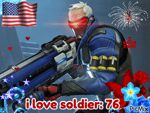 a picture of a man holding a gun with the words i love soldier 76