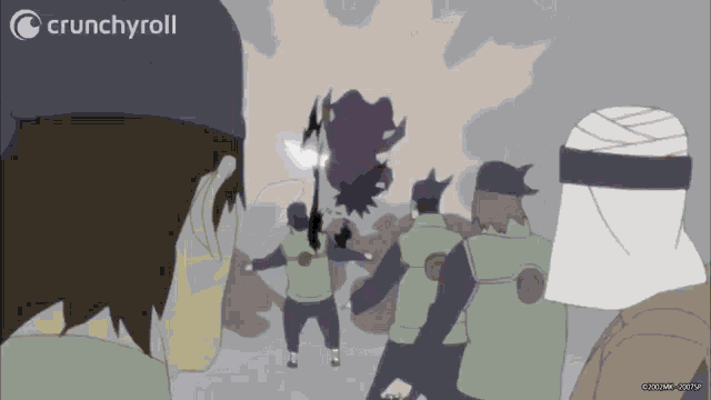 a group of people standing in front of a crunchyroll ad