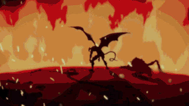 a silhouette of a demon with wings and a tail