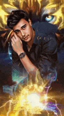 a painting of a man with a watch and a tiger behind him