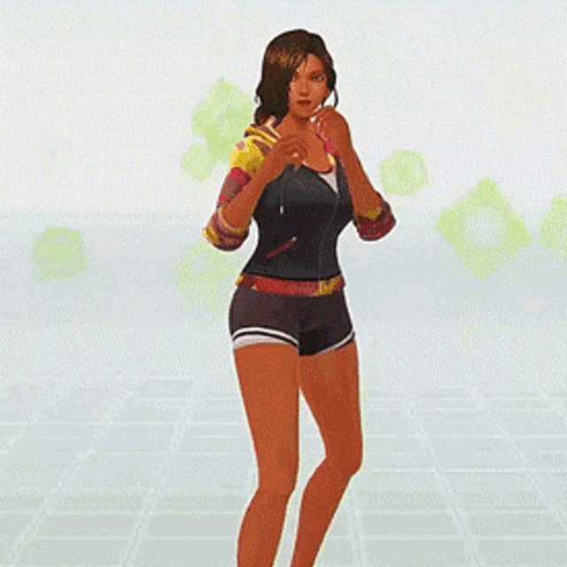 a woman in shorts and a jacket is standing in front of a white background