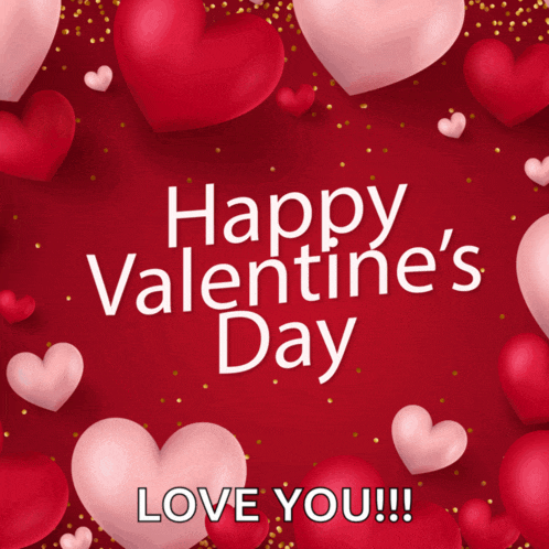 a happy valentine 's day greeting card with hearts on a red background