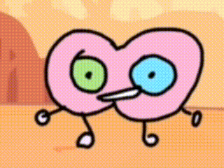 a pink cartoon character with green eyes and a blue beak is standing in the desert .