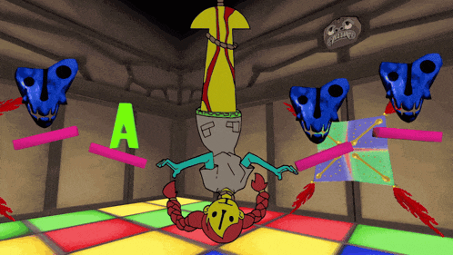 a cartoon character is upside down in a room with the letter a on the wall