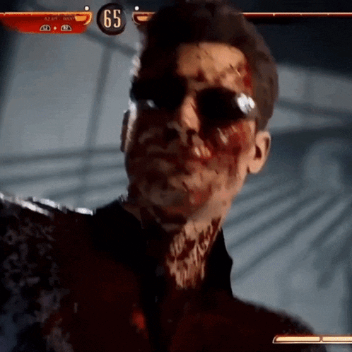 a man with blood on his face is in a video game with the number 65 in the corner