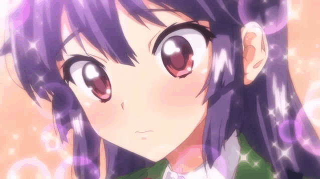 a close up of a girl 's face with purple hair and red eyes